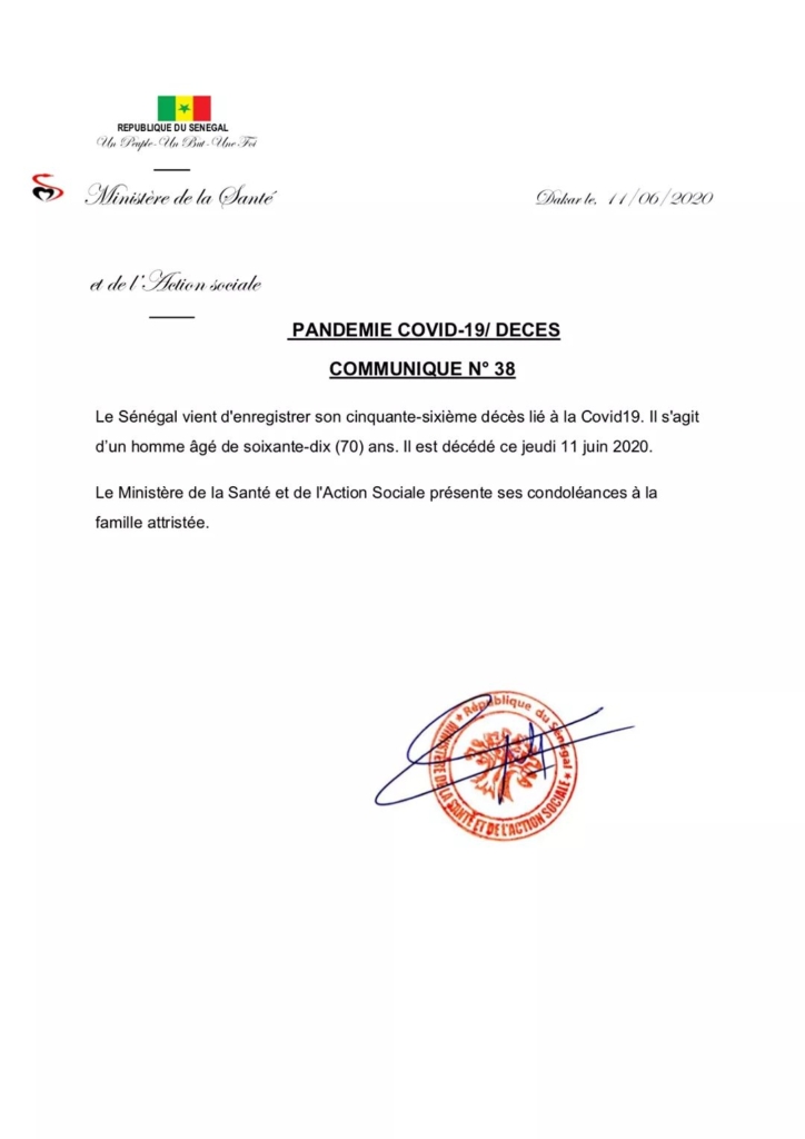 
Le Sénégal enregistre son cinquante-sixième décès. Il s’agit d’un homme âgé de 70 ans décédé ce jeudi.